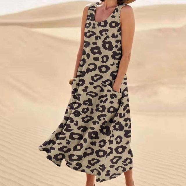 SMihono Robe Maxi Bohème d'Été pour Femmes Grande Taille Mode d'Été pour Femmes Décontractée à Imprimé Sans Manches à Col Rond avec Poches Robe de Plage Évasée Robe Soleil