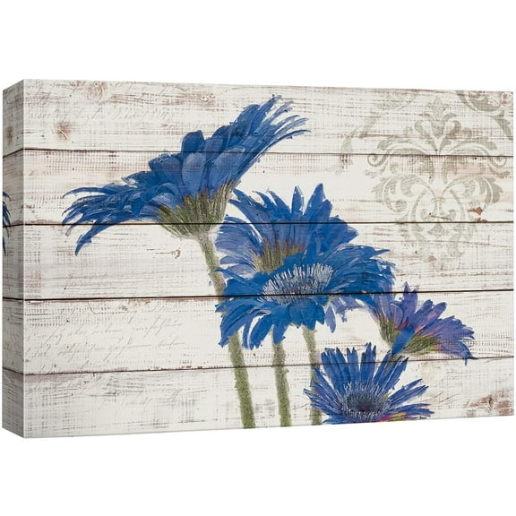 wall26 Canvas Print Wall Art Blue Daisies Over Rustic Wood with Insignia Crest Nature Plants Illustrations Modern Art Rustic Scenic Relax/Calm Ultra for Living Room, Bedroom, Office - 16"x24&quo