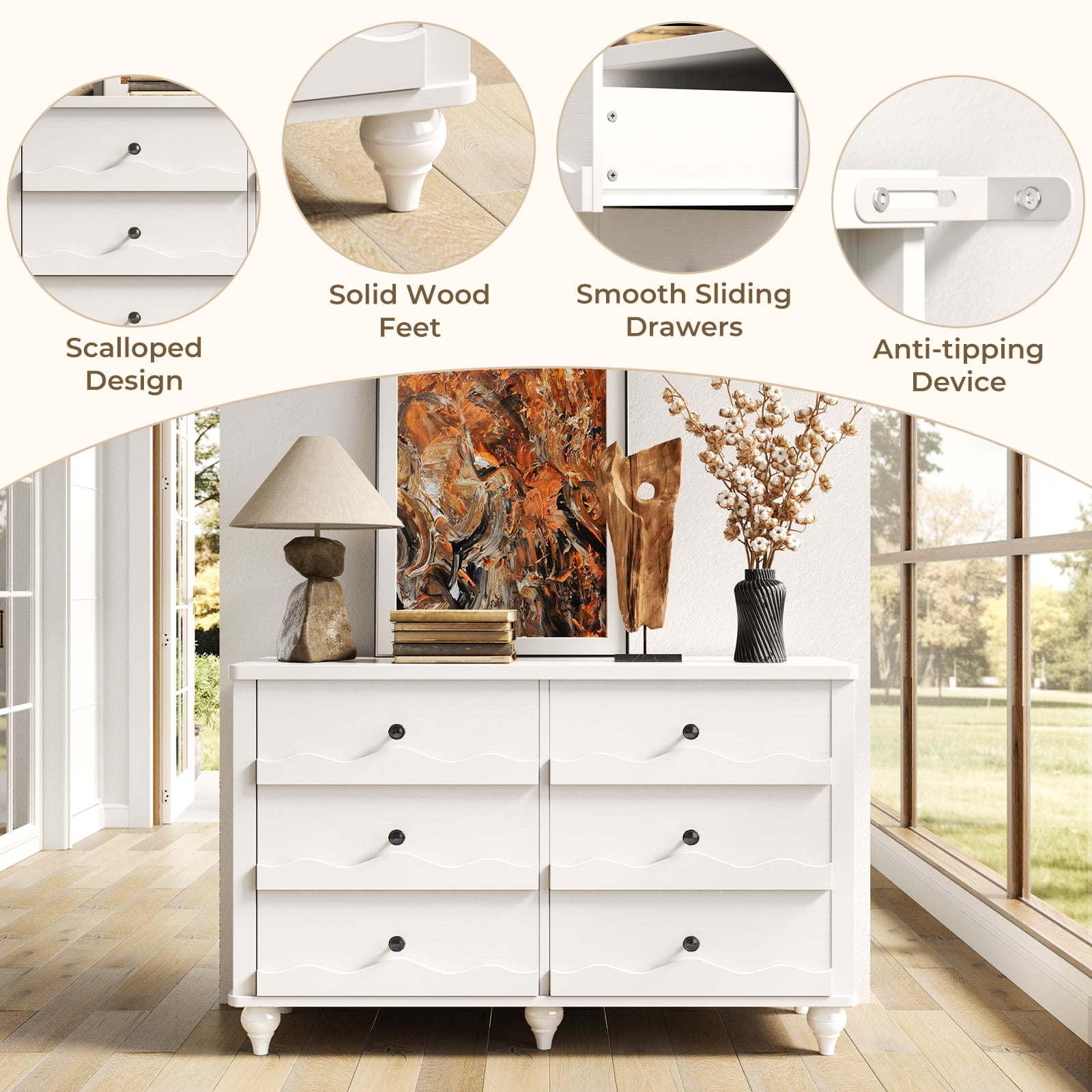 Homieasy 6-Drawer Dresser for Bedroom - 43" Modern Chest of Drawers with Scalloped Front, Storage Organizer for Living Room, Hallway & Entryway,White