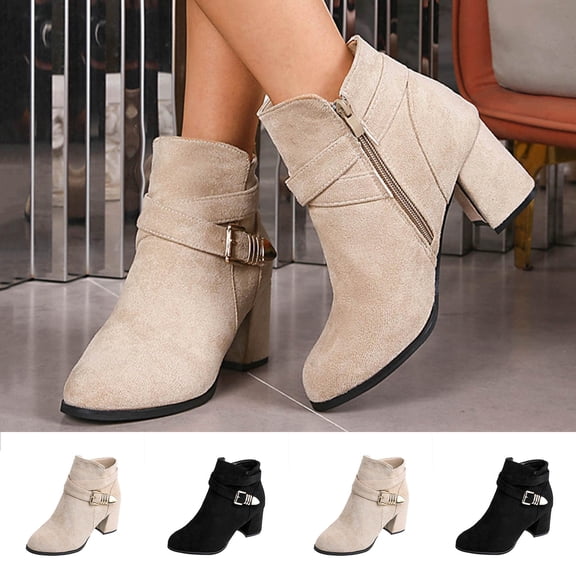 BXJX Womens Ankle Boots, Zip Up Slip-Resistant Block Heel Round Toe Ladies Booties Beige Size 5.5