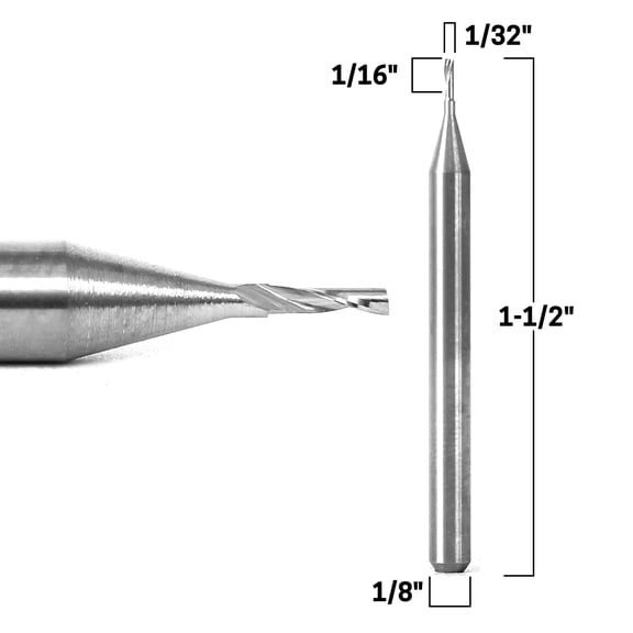 1/32" Diameter O Flute Upcut Spiral End Mill CNC Router Bit - 1/8" Shank - Yonico 31016-SC