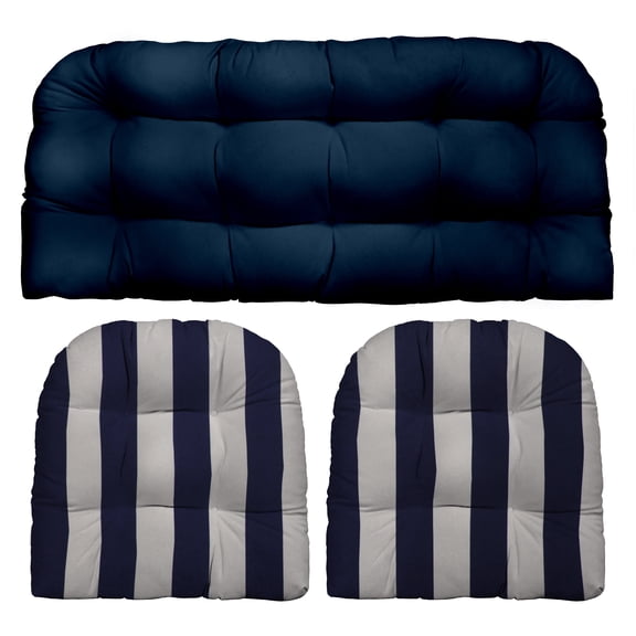 RSH Décor Indoor Outdoor 3 Piece Tufted Wicker Cushion Set, Large, Navy Blue   Navy Blue & White Stripe