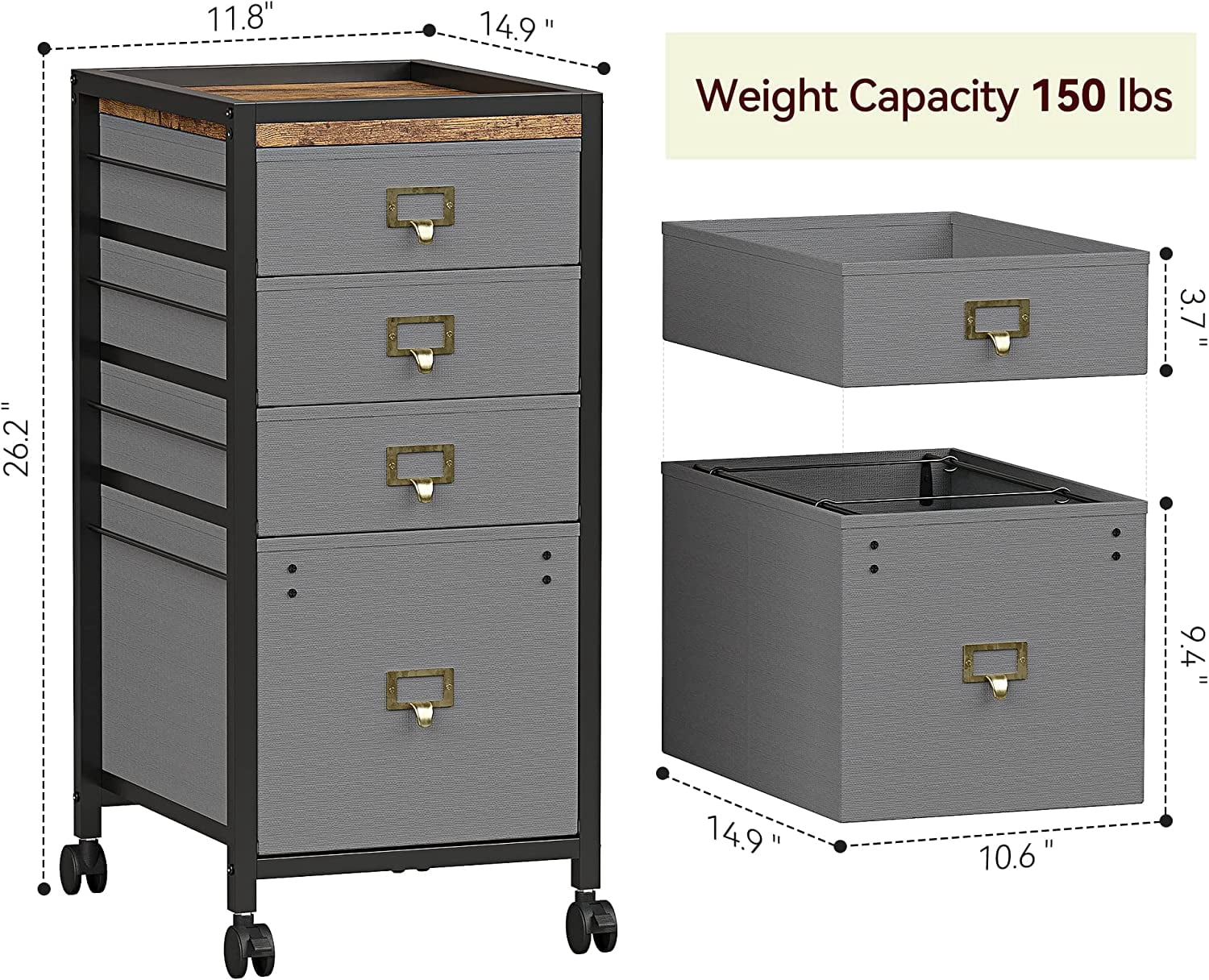 File Cabinet with 4 Drawer, Mobile Filing Cabinet Rolling Printer Stand Fits A4 or Letter Size, Fabric Vertical File Cabinet with Wheels, Under Desk Storage Cabinet for Home Office, Grey