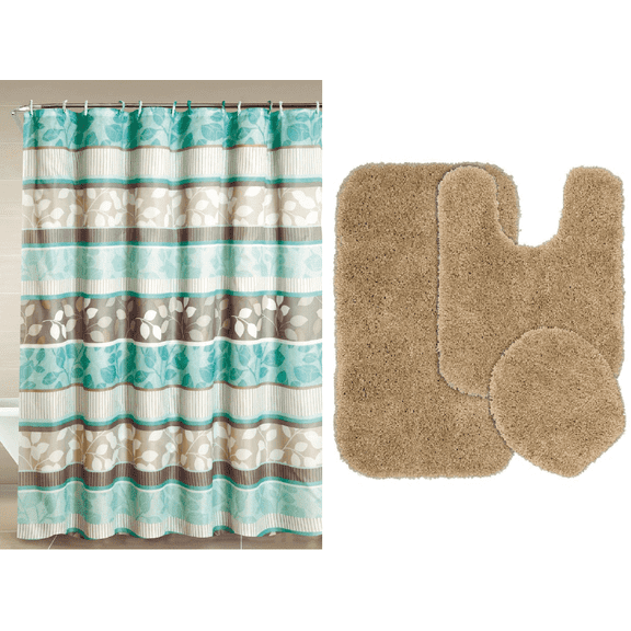 LUXURY DÉCOR ZEN TAUPE 16PC BATHROOM SET MULTICOLOR DESIGN STYLE INCLUDES 1 FABRIC SHOWER CURTAIN 72"X 72" 12 COVERED FABRIC HOOKS 1 BATH MAT 18"X 30" 1 CONTOUR MAT 18"X 18" 1 LID COVER 18"X 18"