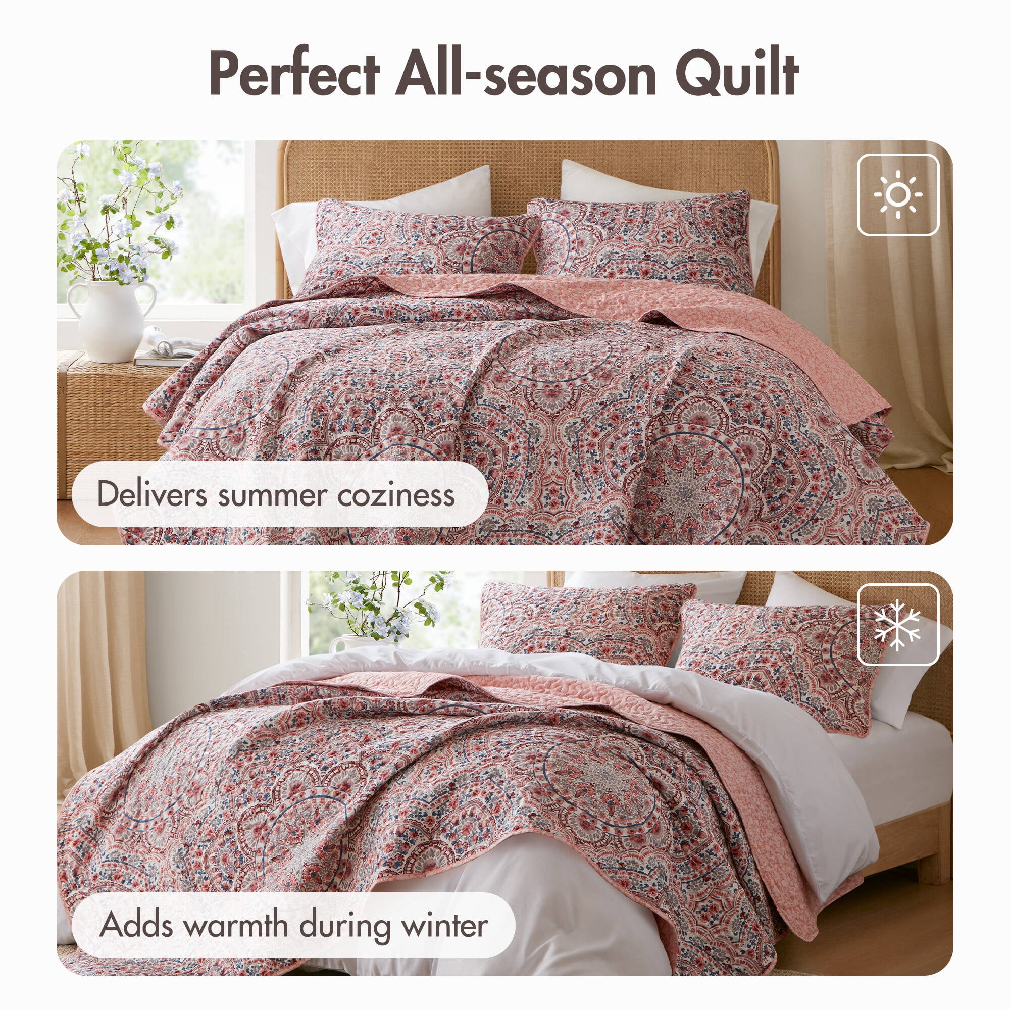 Regency Heights 2-Piece Twin/Twin XL Size Floral Boho Quilt Set, Pink Medallion Print Reversible Bedding Set, Twin Size Quilt with Sham