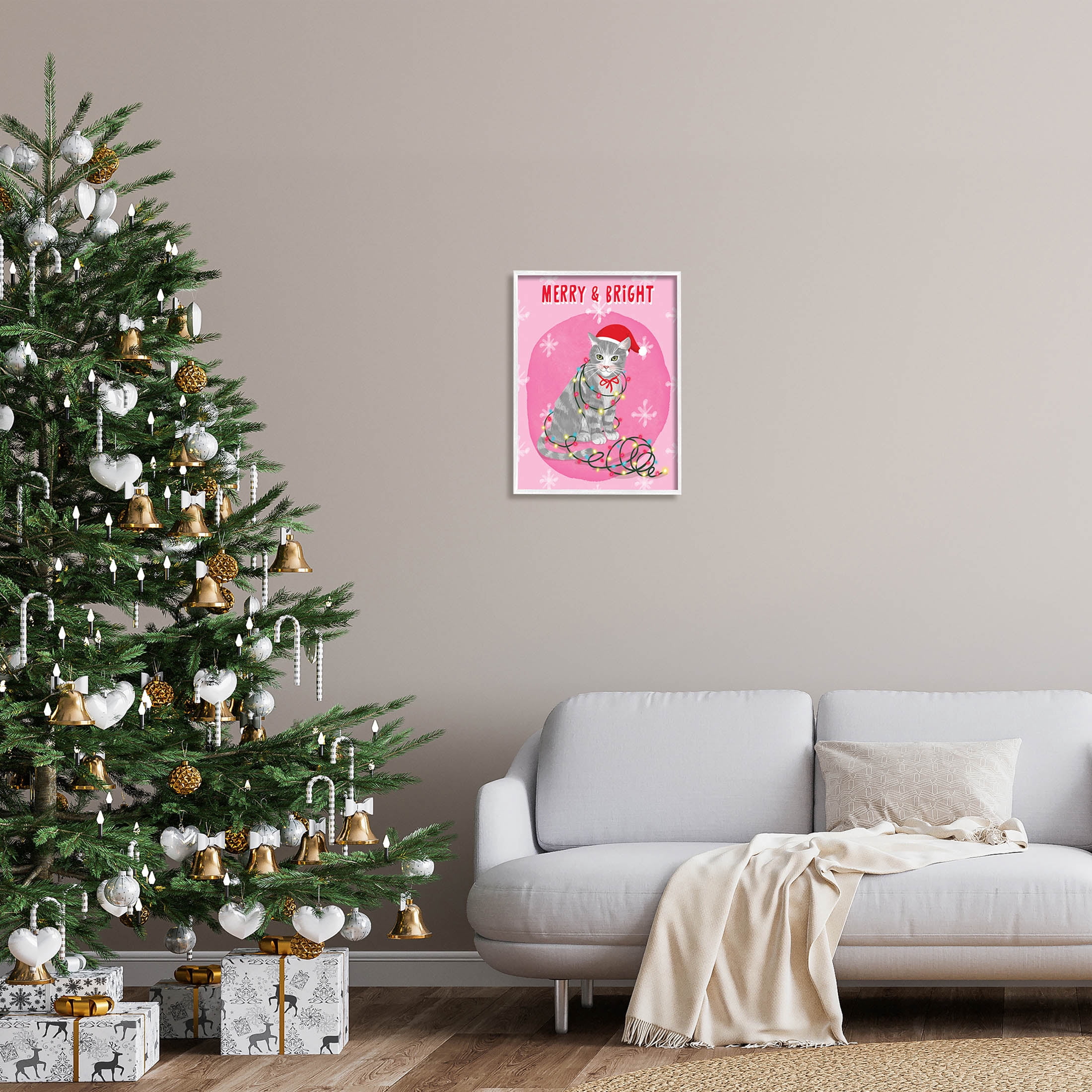 Merry & Bright Christmas Cat Holiday Graphic Art White Framed Art Print Wall Art