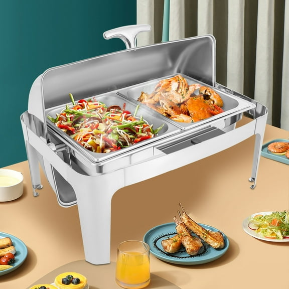 Roll Top Chafing Dish Buffet Set, 9.54Qt, Stainless Steel, 2 Pans, Electric & Alcohol Stove Heating, Perfect for Buffets & Catering, Easy to Clean