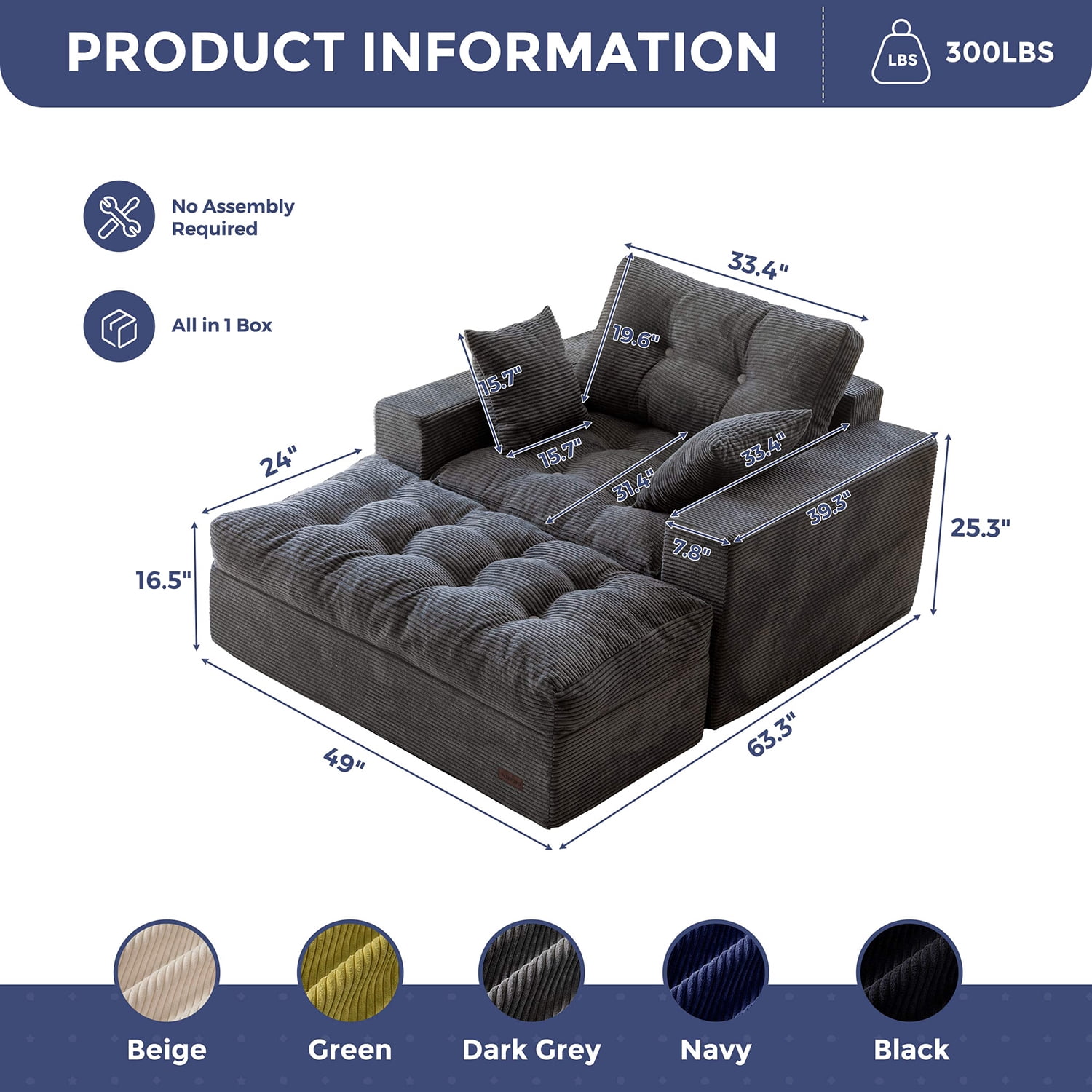 BYBYME Chaise Lounge Chair Indoor,Cloud-Plush Corduroy Boneless Floor Sofa Bed,Cozy Sleeper Couch with Pillows for Living Room with Ottoman,Dark Grey