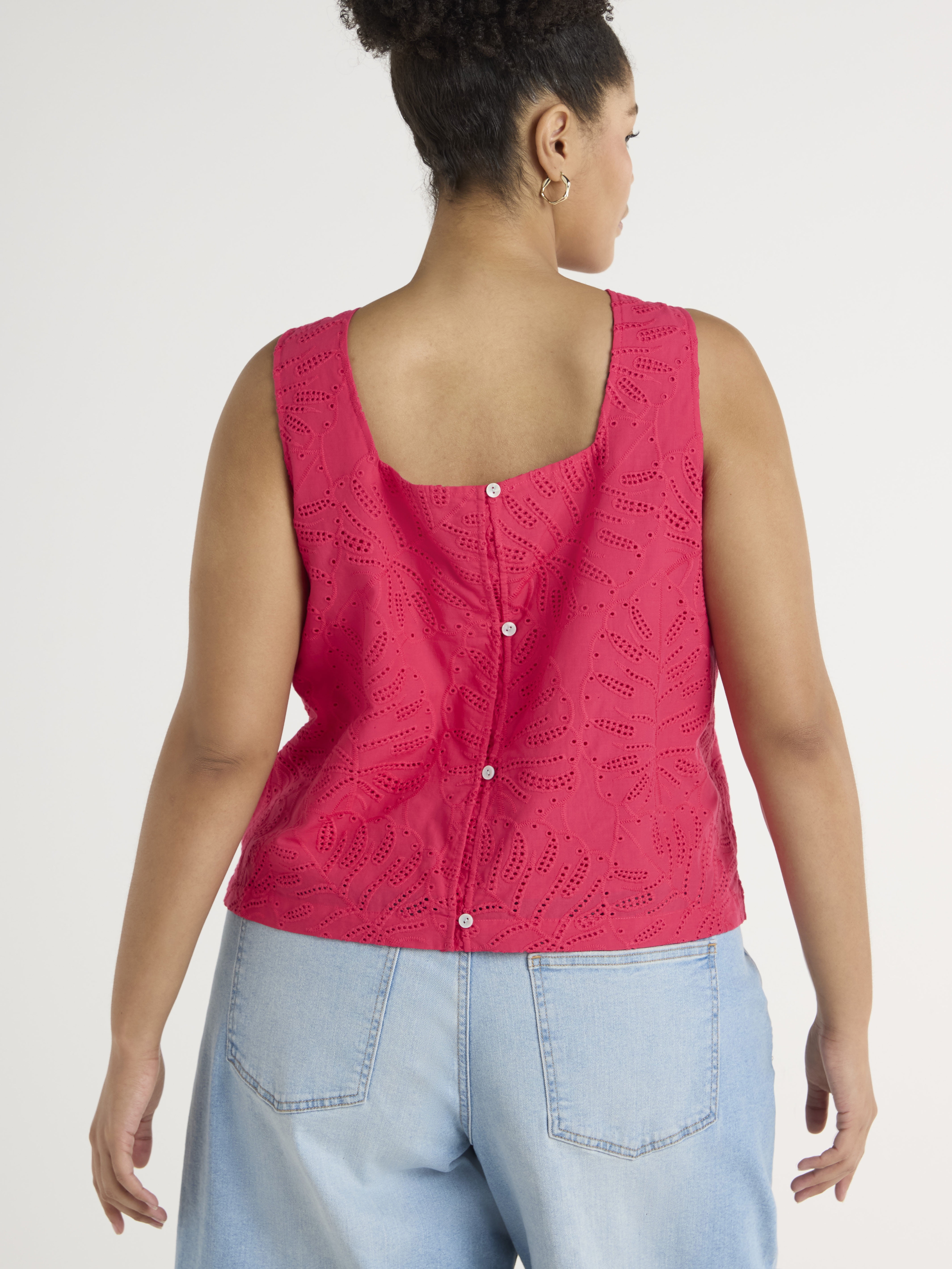 Time and Tru Women's and Women's Plus Eyelet Leaf Pattern Cotton Tank Top, XS-4X