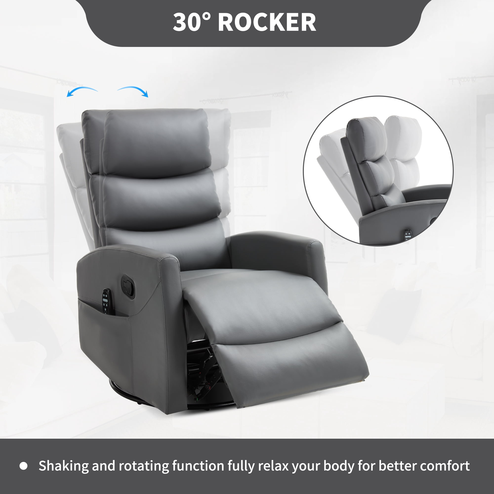 Aukfa 360° Swivel Recliner Rocking Chair with Massage and Heat for Living Room & Nursery, Leather, Gray