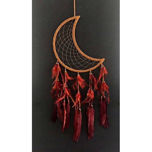 OMA Dream Catcher - Brown Suede and Feather Moon Shaped Traditional Dream Catcher - Large SZ. - 33" Long x 11" Wide (Natural Brown)