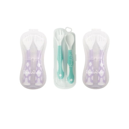 BrushinBella Baby Weaning Spoon Set (3 Pack) – Self-Feeding Silicone Spoons with Canvas Bag, Purple & Tiffany Blue