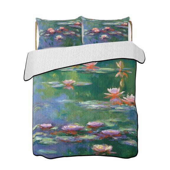 Full Size Quilt Bedding Set, Pink Purple Lotus Reversible Summer Quilt 3 Pieces, Rustic Botanical Blossom Floral Plants Lightweight Bedspreads Coverlets with 2 Pillow Shams for All Seasons