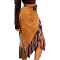 thumbnail image 4 of Women's High Waisted Suede Midi Skirt Asymmetric Fringe Hem Tassel Wrap Bodycon Western Cowgirl Style Skirts with Belt Loop For Country Concert Party Date Night, 4 of 7