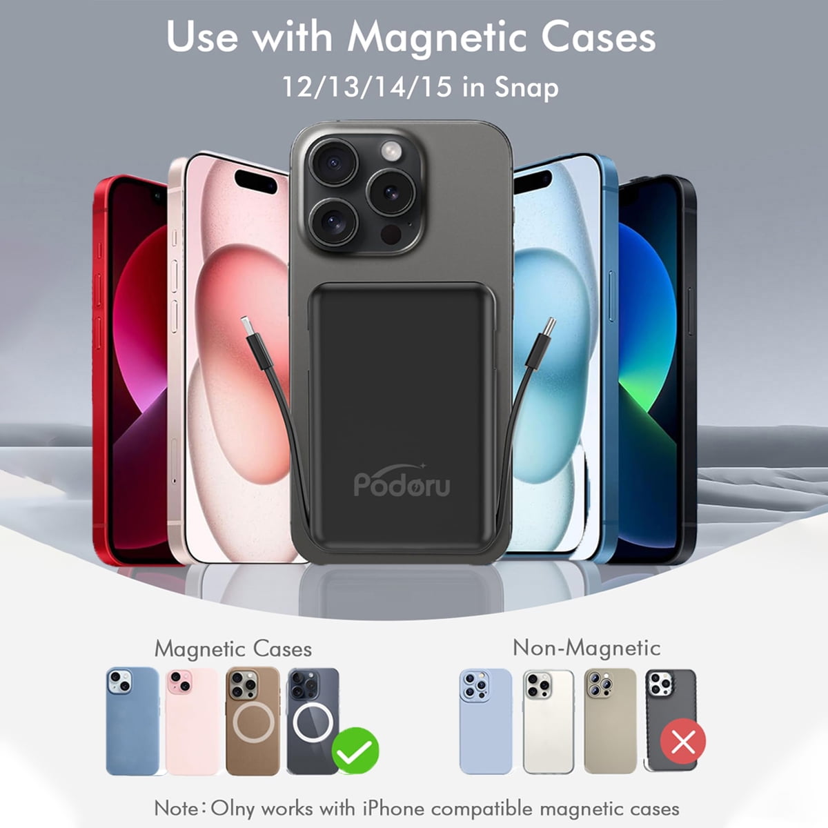 Podoru Wireless Portable Charger, 10000mAh Magnetic Power Bank Built-in USB C Lighting Cables 22.5W PD Fast Charging LED Display Mag-Safe Battery Pack for iPhone 15/14/13/12/Mini/Pro/Pro Max - Black