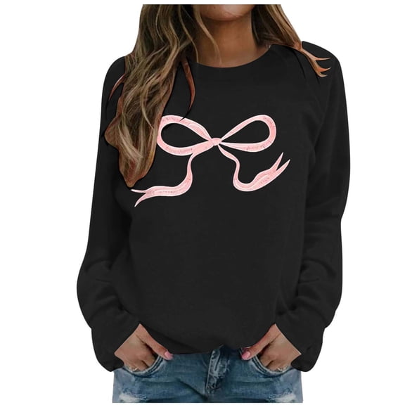 Gunia Plus Size Women'S Sweatshirt Round Neck Cute Bow Graphic Sweatshirt Long Sleeved Pullover Sweater Bow Sweater Tops Fall Fashion Clothes Black S-3Xl