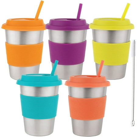 Homeries Kids Stainless Steel Cups Tumbler with Silicone Lid & Straws 12 Oz (Set of 5) | Ecofriendly Drinking Homeries Tumblers for Children, Toddlers & Adults | BPA Free, FDA Approved & Food