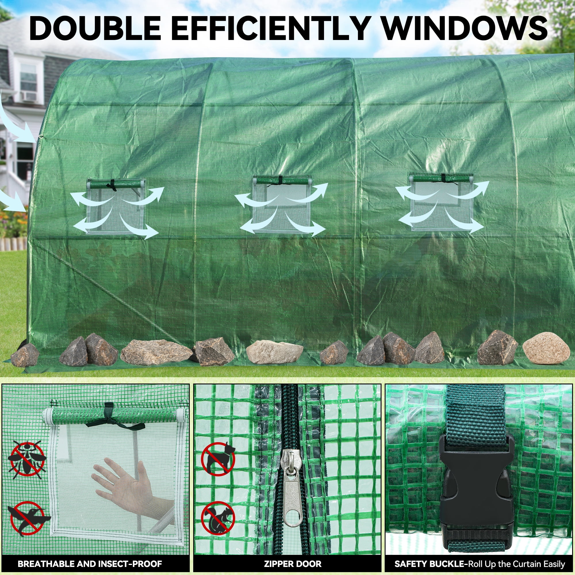 Dextrus 10x6.5x6.5ft Greenhouse w/ Watering System Heavy Duty Green House Large Tunnel Greenhouses Kit Walk in Outdoor Plant Gardening Upgraded Galvanized Steel for Garden, Backyard, Green