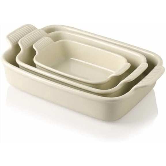Baking Pans Set, Ceramic 9x13 Baking Dish with Handle, Rectangular Casserole Dishes for Oven, Bakeware Sets of 3, Durable Lasagna Pan Deep for Kitchen, Banquet, Wedding Gift(Beige)