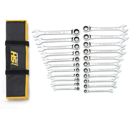 

STEELHEAD 22-Piece SAE & Metric 12-Point Ratcheting Combination Wrench Set (SAE: 1/4-3/4” Metric: 8-18mm) Chrome Vanadium 72-Tooth Gearing USA-Based Support
