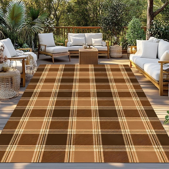 Brown Grid Indoor Outdoor Rugs 4x6 Ft, Fall Minimalist Tan Beige Plaid Stripes Vintage Country Outdoor Patio Rug Mat Washable Outside Area Rugs Carpet for Porch Deck RV Camping Pool Balcony Backyard