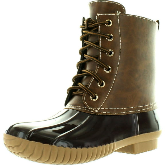 AXNY Dylan Women's Lace Up Two Tone Combat Style Calf Rain Duck Boots, Dark Brown, 6