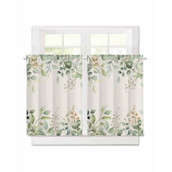 Retro Eucalyptus Leaves Short Blackout Curtains 36 Inch Long Sage Green Leaf Summer Plants Linen Rod Pocket Kitchen Curtains, 2 Panels Thermal Insulated Room Darkening Drapes for Bedroom, 30"W x 36"L