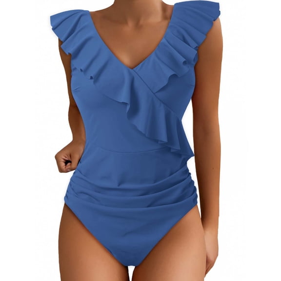 WAYUTE Womens One Piece Swimsuits Cute Ruffles V Neck Patchwork Floral Print Bikini Bathing Suits Comfortable Fashion Swimwear