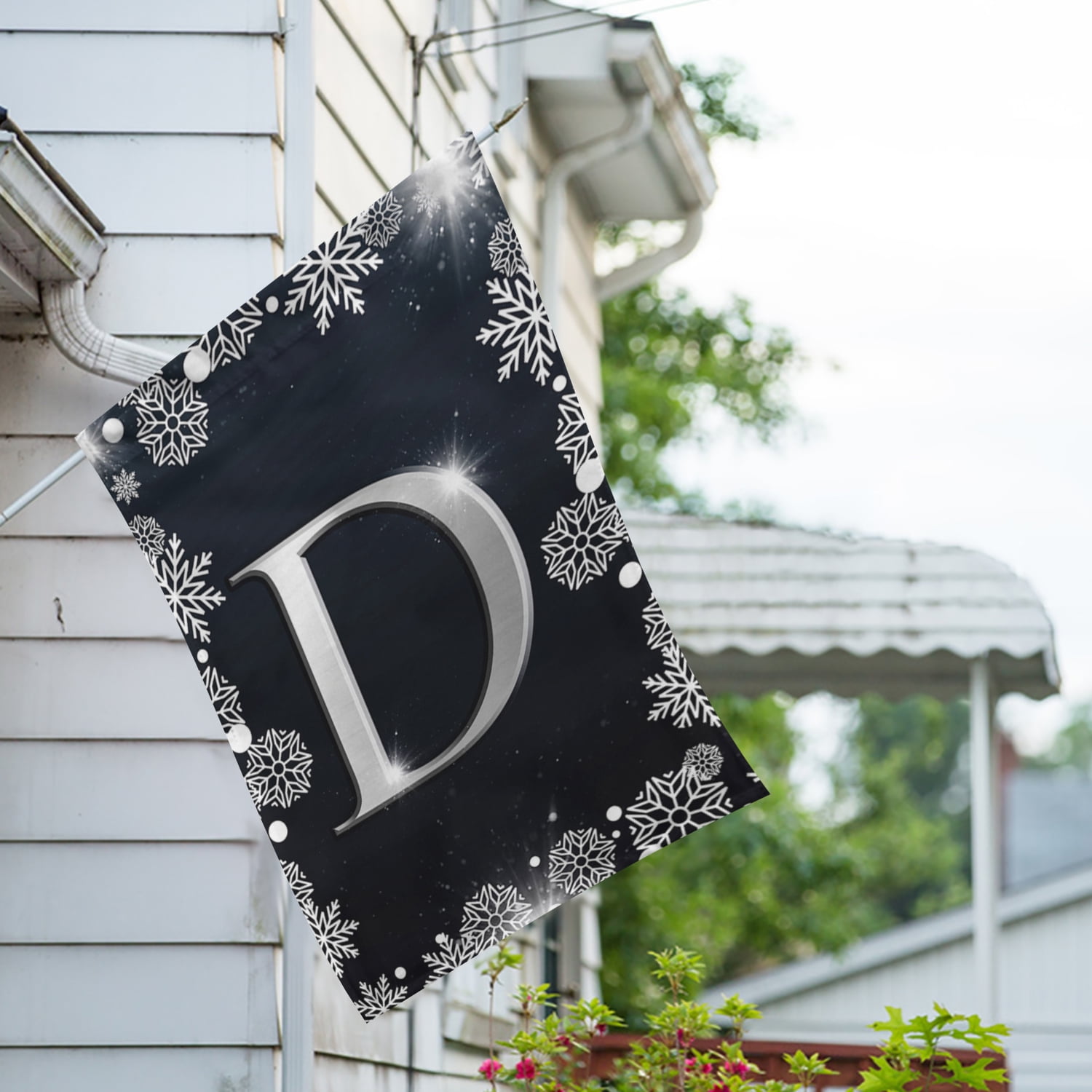 America Forever Winter Monogram Letter D House Flag Vertical Double Sided 28 x 40 inches Christmas Holiday Seasonal Flags for Outdoor, Yard, Porch Decoration, Silver Snowflakes Decoration