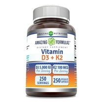 Amazing Formulas Vitamin D3 5000 IU with Vitamin K2 100 mcg, 250 Veggie Capsules Supplement | D3   K2 Complex | Non-GMO | Gluten Free | Made in USA