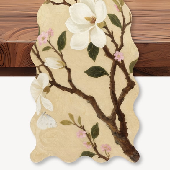 Magnolia Scalloped Edge Table Runner 72x13 Inch Vintage Floral Linen Kitchen Dining Desk Decoration Farmhouse Table Runners
