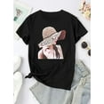 thumbnail image 2 of Camiseta deportiva informal y sencilla con cuello redondo y manga corta para mujer, con estampado de sombrero creativo de niña, cómoda para el verano y para las vacaciones. Camiseta deportiva de ocio., 2 of 6