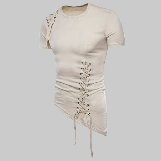 Blusas y camisas de manga corta y cuello redondo para hombre, blusas informales de verano de color liso con cuello redondo y mangas cortas irregulares, blusa de poliéster para hombre.