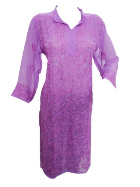 Mogul Woman's Ethnic Long Tunic Purple Floral Embroidered Georgette Indian Kurti Dress L