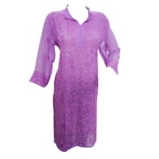 Mogul Woman's Ethnic Long Tunic Purple Floral Embroidered Georgette Indian Kurti Dress L
