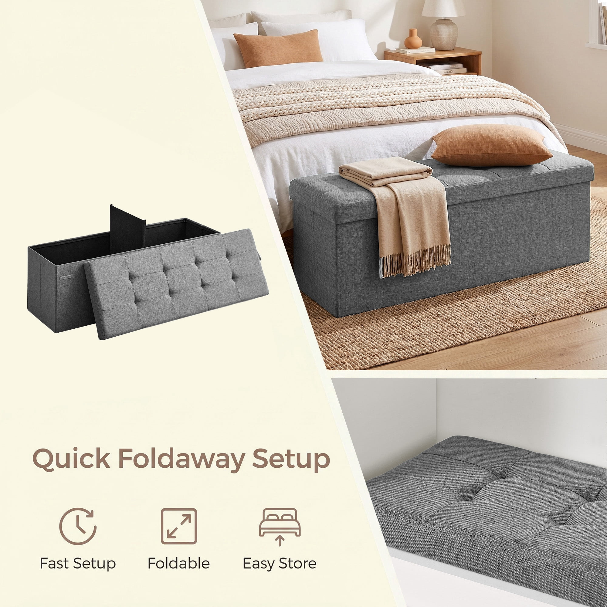 Ledrem Foldable Storage Ottoman Bench, 660lb Capacity, Light Gray