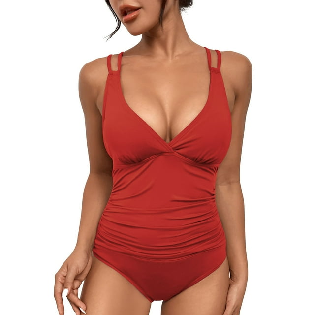 Aayomet Swimming Suit Color Block Print Swimsuits Criss-Cross Back V Neck Bathing Suits Padded Training Swimwear,Red S