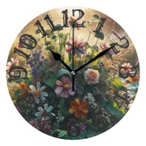 Boho Wildflowers Herbs Floral 10 inch Wall Clocks Non Ticking Easy to Read Battery Decorative for Home Bathroom Kitchen Bedroom Living Room
