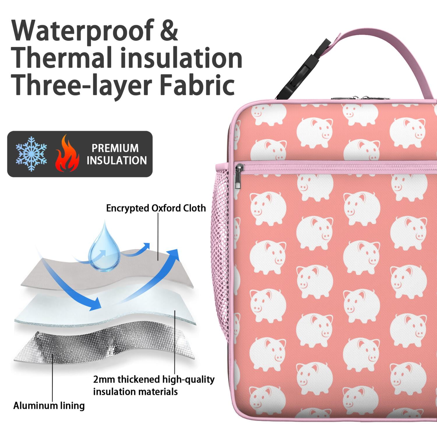 Pink Pig Lunch Bag with Kawaii Cartoon Illustration, Farm Animal Inspired Artistic Print, Watercolor Pig Pattern Insulated Bento Tote for Travel, School, Office