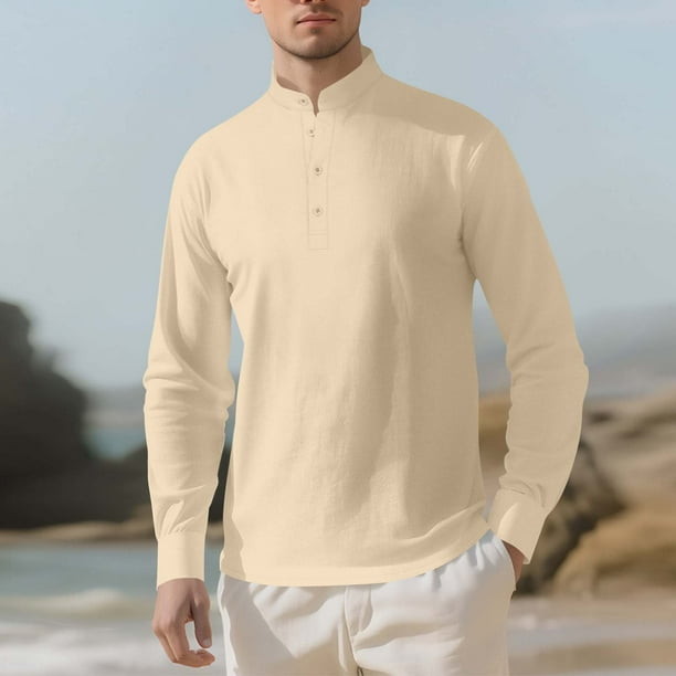 Blusa y camisa de manga larga con cuello alto para hombre, color liso, informal, con botones, medio cárdigan, manga larga, cuello alto, blusas de poliéster para hombre