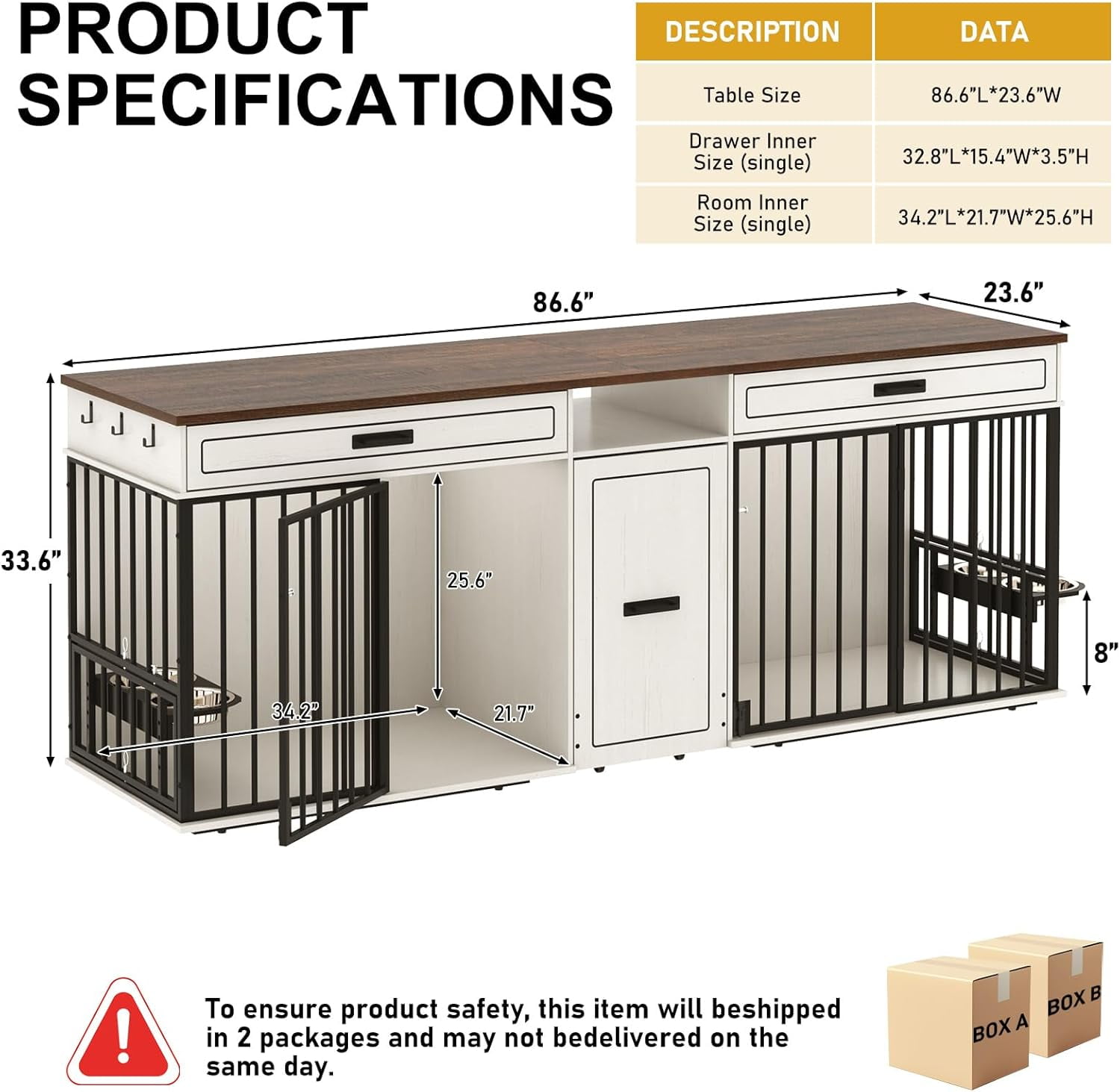 ChVans 86.6" Dog Crate Furniture TV Stand for Large Breed Dogs, Wooden Kennel with Dual rooms, Dog Bowl, 2 Drawers &  Cabinet for Medium-Large Dogs