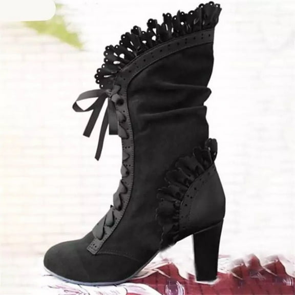XIMIN Women Sweet Bow Boots Mid Heels Casual Lace Up Victorian Boots Renaissance Mid Heels Vintage Halloween Cosplay Witch Shoes Mid Calf Kawaii Boot