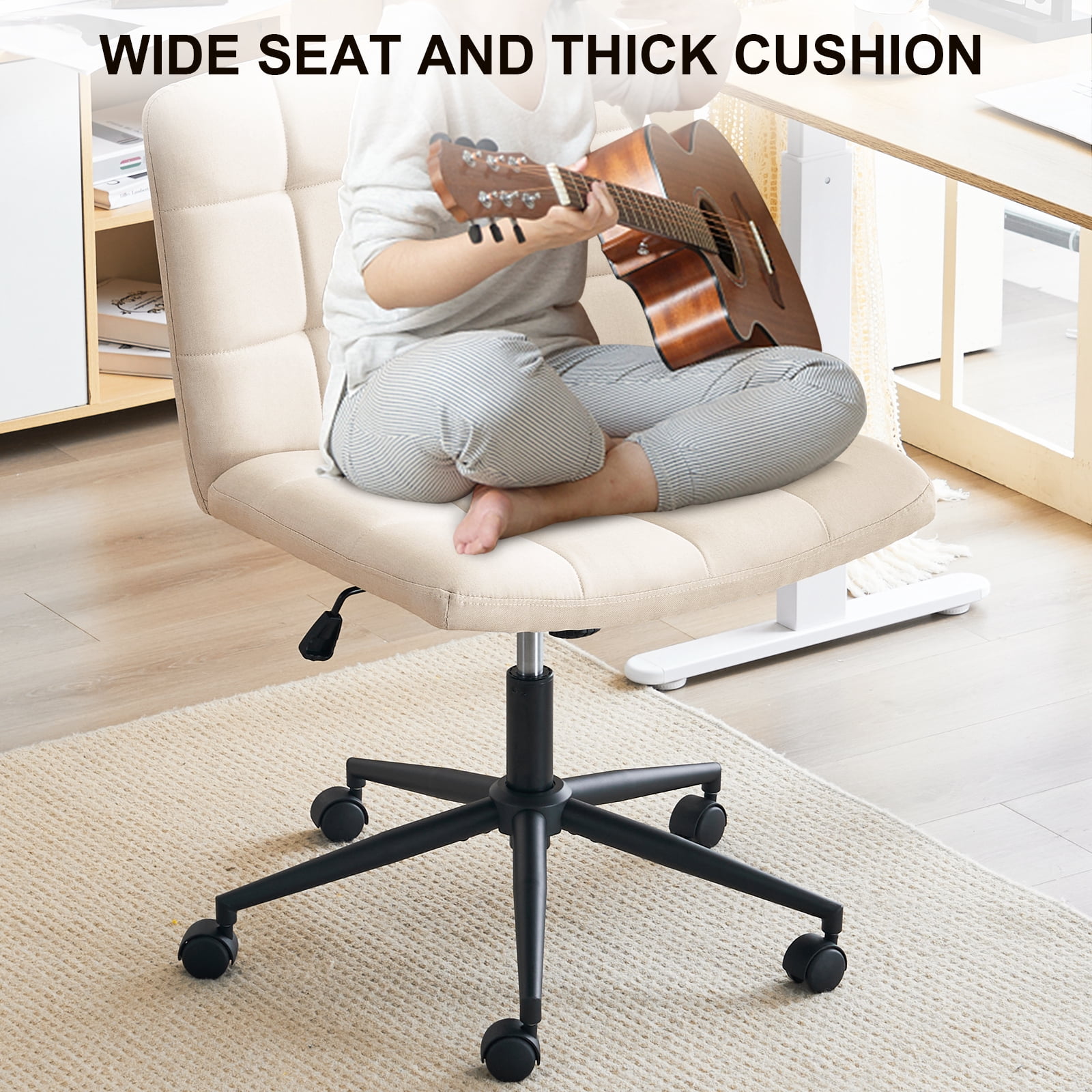 Fumahaus Indoor Easy to maintenance Linen Armless Swivel Desk Chair, Beige