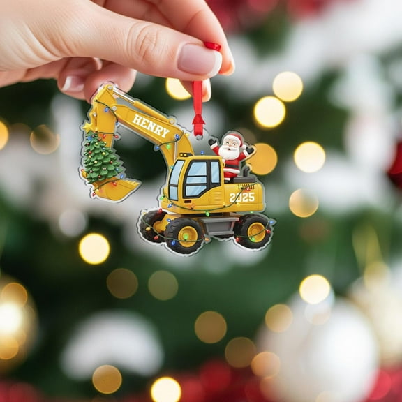 Personalized Excavator Acrylic Christmas Ornament 2025 with Santa & Lights Custom Name Construction Equipment Holiday Tree Decor, Builder/Operator Keepsake