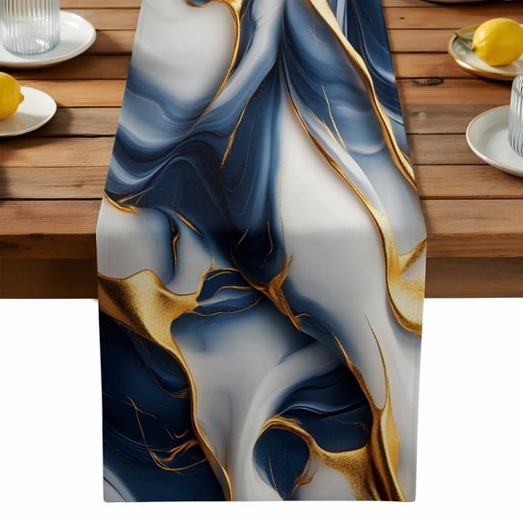 Navy Blue Marble Cotton Linen Table Runner for Dining Kitchen, Gold Modern Art Wedding Outdoor Party Tablerunners Decoration, Dresser Scarf Coffee Tablecloth Runners 13x120 Inches