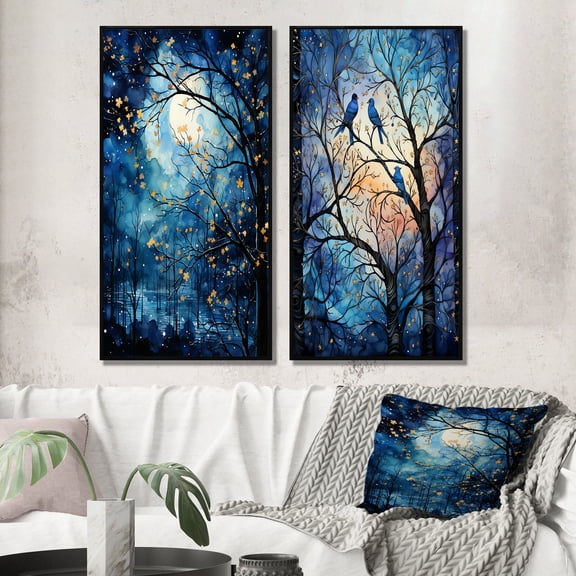 Designart "Tree Moonlit form III" Trees Framed Wall Art Set Of 2 - Blue Landscapes Gallery Wall Frame Set For Home Decor