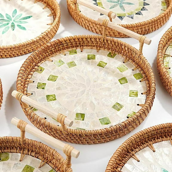 Round Rattan Wicker Woven Tray Basket with Shell Wooden Base and Handle for Fruit Bread Serving, Coffee Table Tray, Vanity Ottoman Tray Organizer for Kitchen, Storage Display