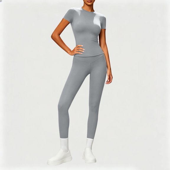 IUYRTFE Women's Short Sleeve Crew Neck Yoga Top and High Waist Leggings 2 Piece Activewear Set