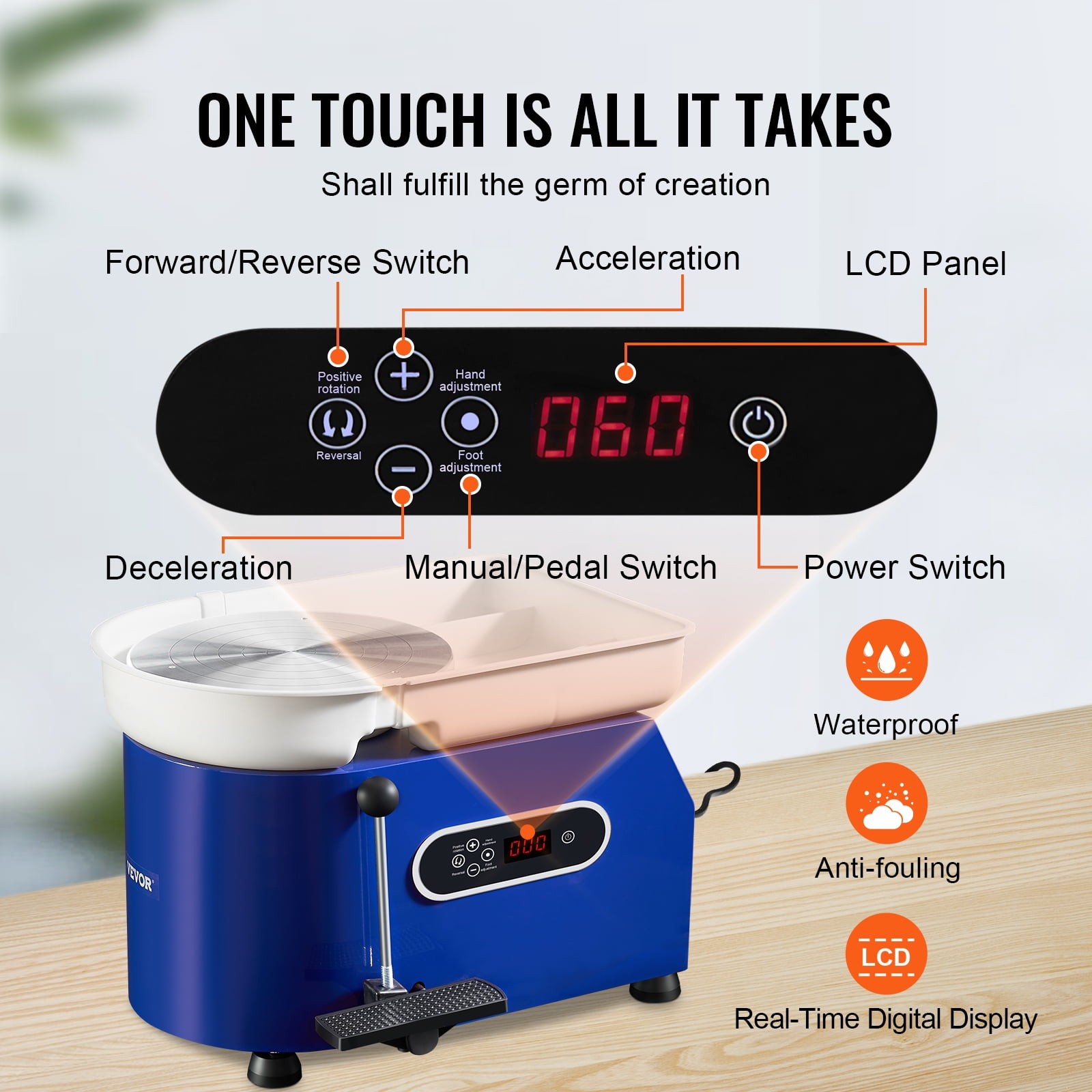 VEVOR Pottery Wheel, 450W, For Adults and Beginners, 11in Clay Wheel Machine,&nbsp; Adjustable 60-300RPM Speed Handle and Pedal, ABS Detachable Basin, Accessory Kit for Craft DIY, LCD Touch Screen