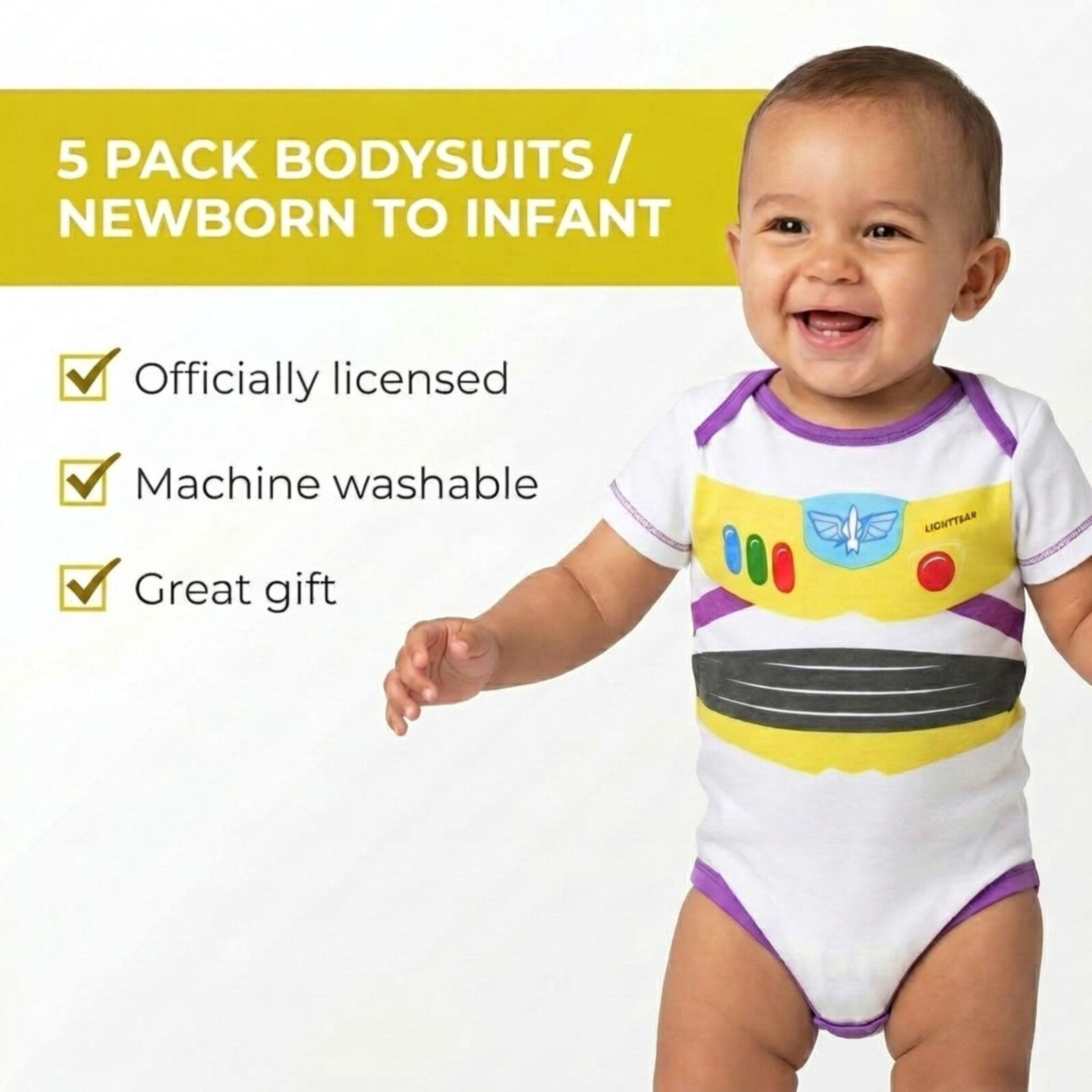 Disney Toy Story Baby Boys' 5-Pack One Piece Bodysuits Red Green Grey Multi